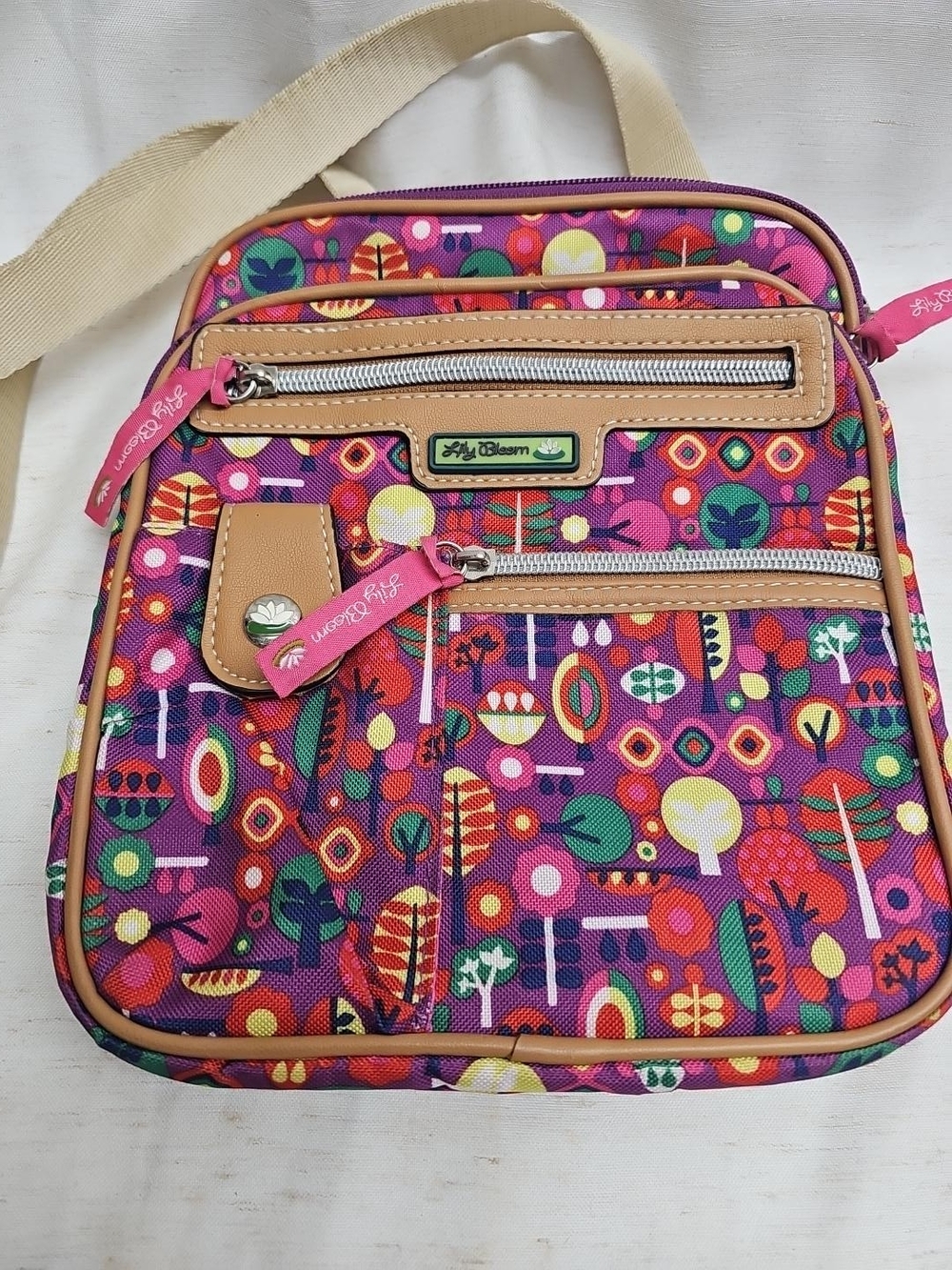 Lily Bloom Purple Multi-Color Patterned Crossbody Bag with Tan Trim